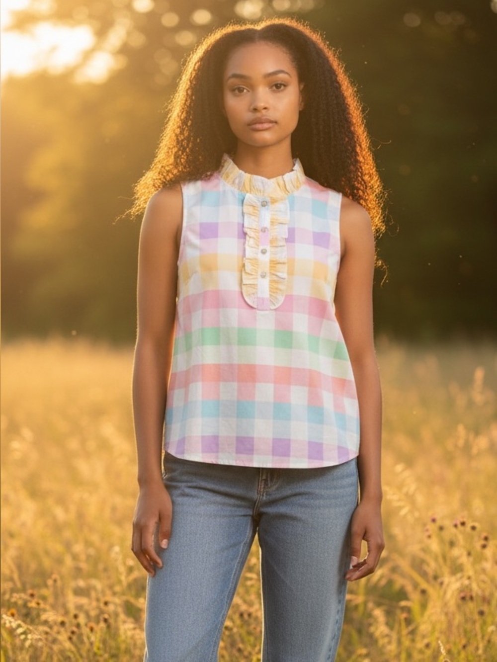Prosperina NWT Pastel Plaid Ruffle Neck Sleeveless Cotton Blouse XS